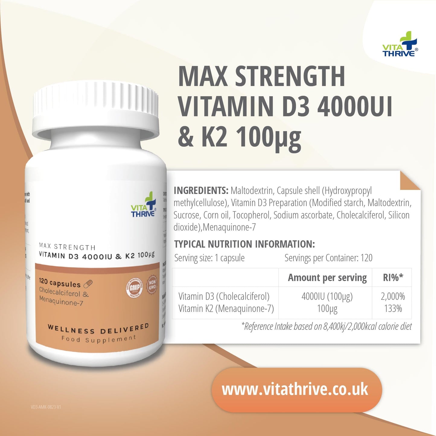 VitaThrive® Vitamin D3 100µg Max Strength 4000IU & K2 100µg – 120 Capsules