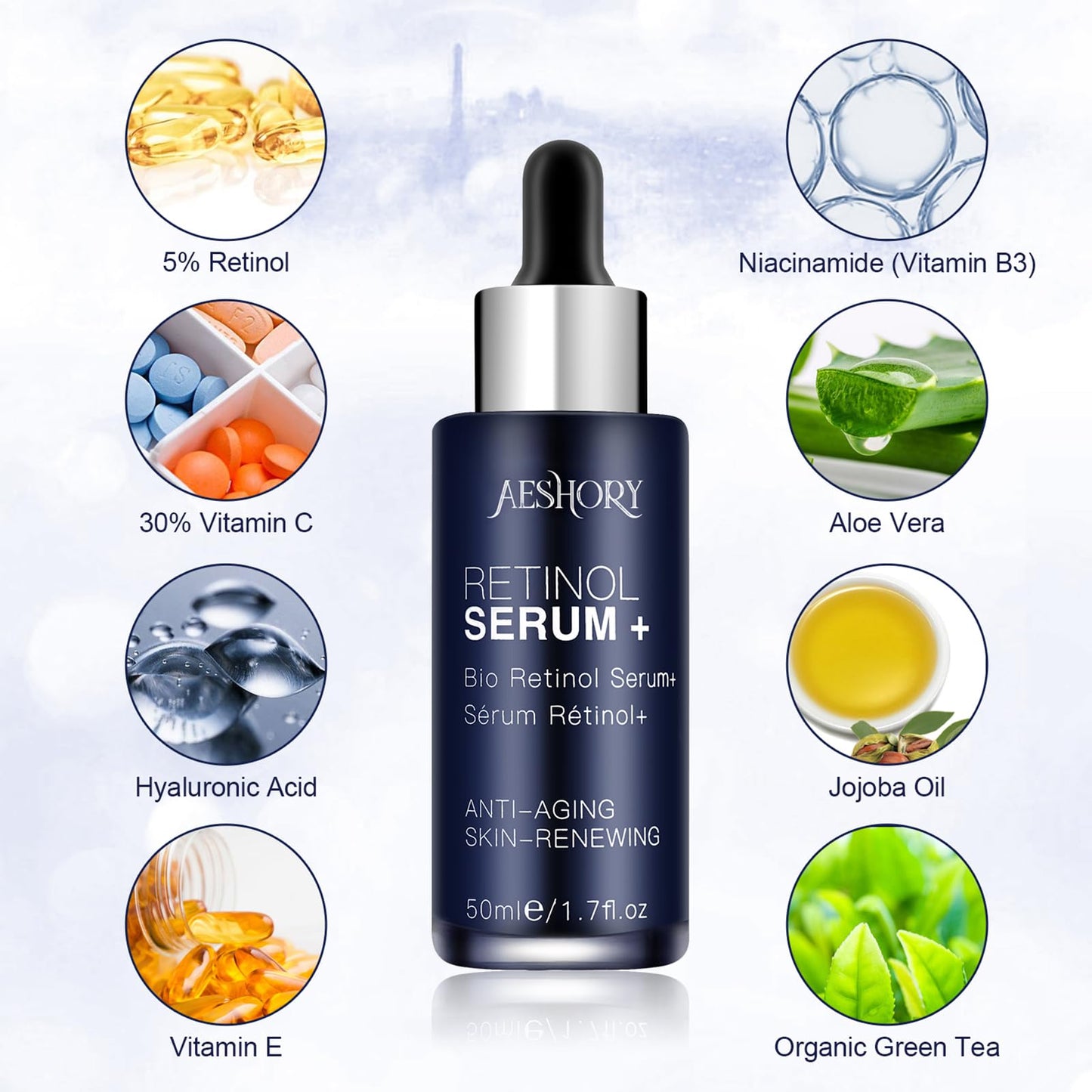 Aeshory Retinol Serum for Face/Neck/Eyes 50ml, High Strength with 5% Retinol, 30% Vitamin C, Vitamin E & Hyaluronic Acid - Anti Aging Facial Serum for Moisturizing, Fine Line and Wrinkles, Skin Repair