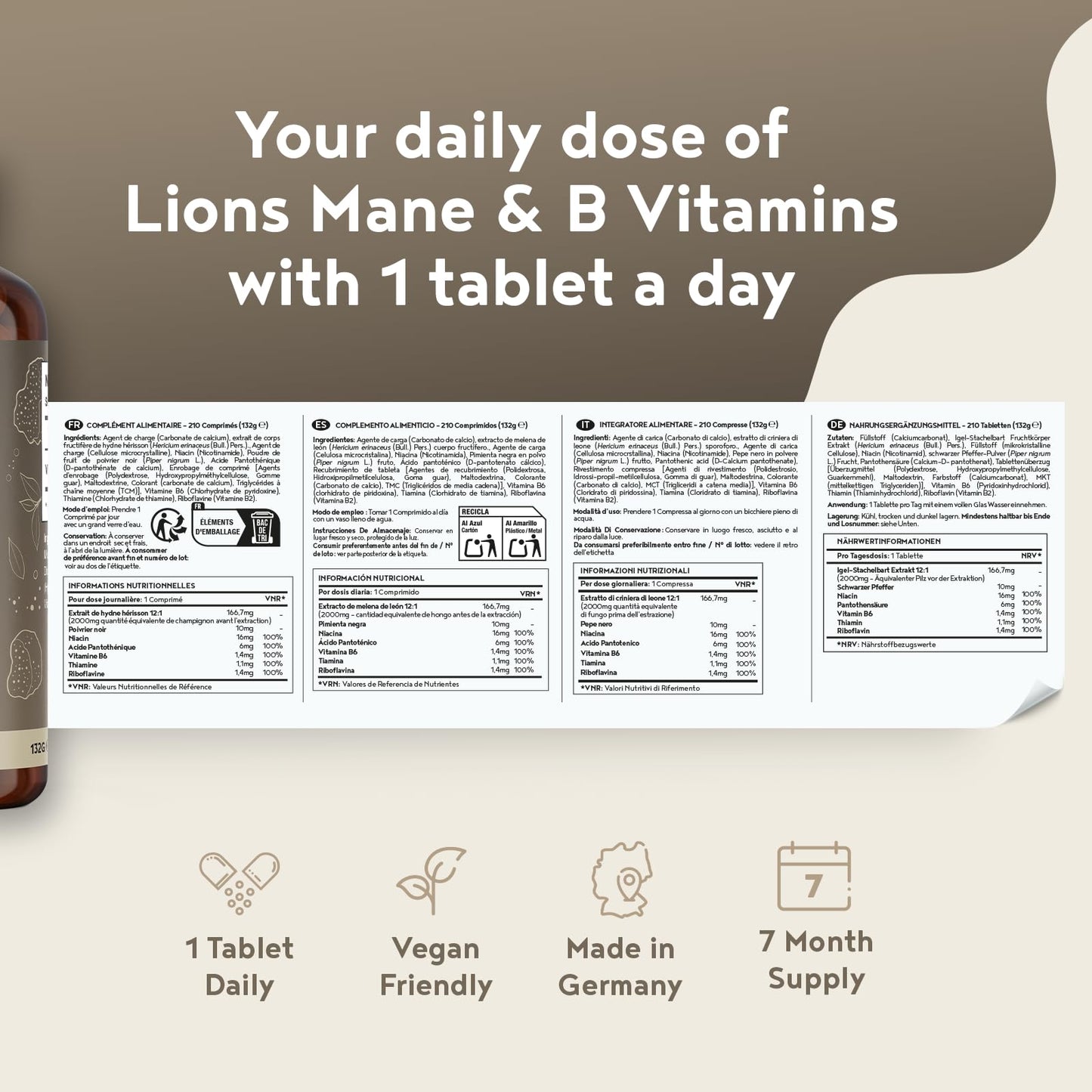 Lions Mane Mushroom Extract Supplement 2000mg - 210 High Strength Vegan Tablets with Black Pepper - High Potency Mushroom + B Vitamins B1-B2-B3-B5-B6 - Support Brain & Mental Performance - Alpha Foods