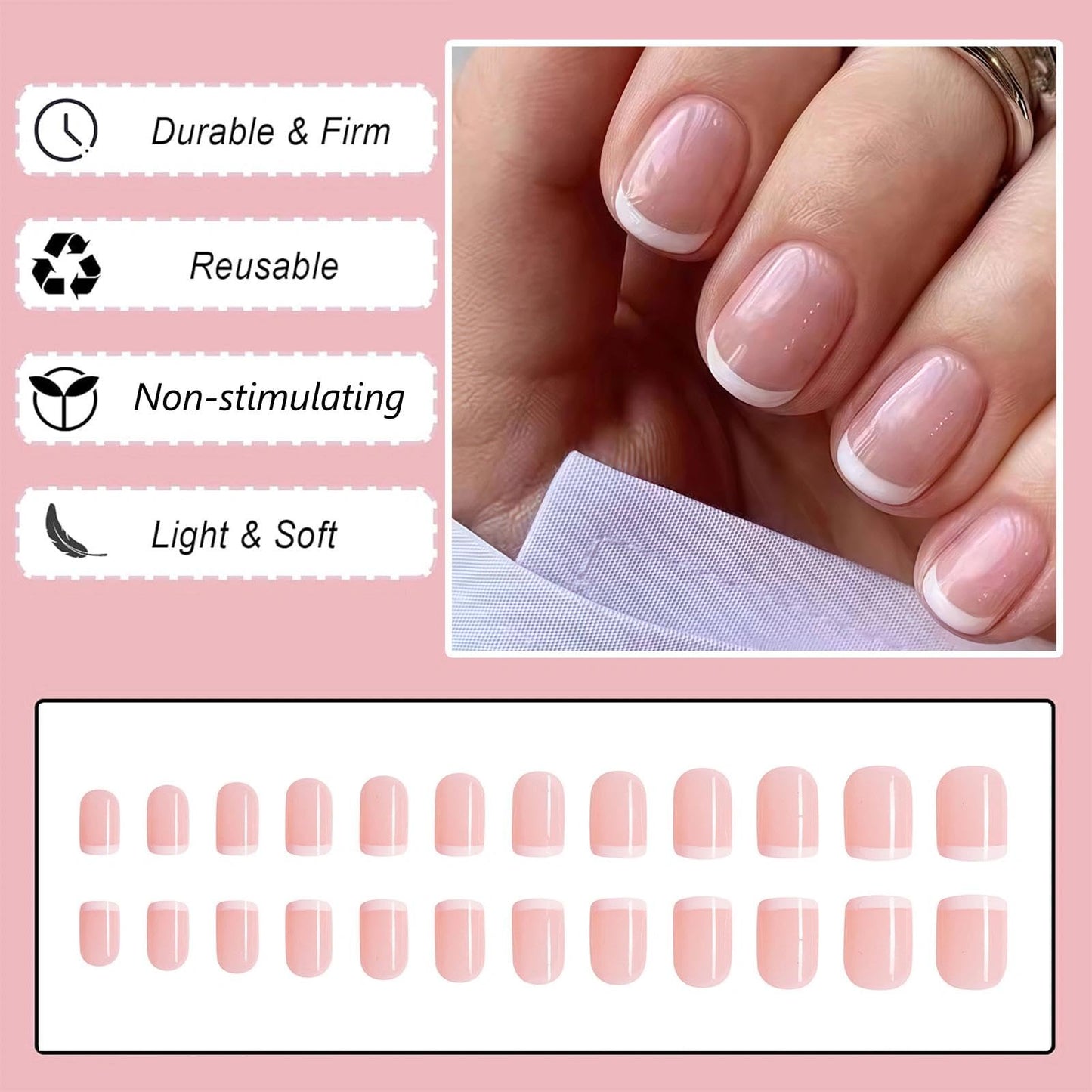 Wormeer 24 Pieces French Tip False Nails - Short Press On Nails Full Cover Nude White Square and Round Shape- Perfect French Nail Art for Women
