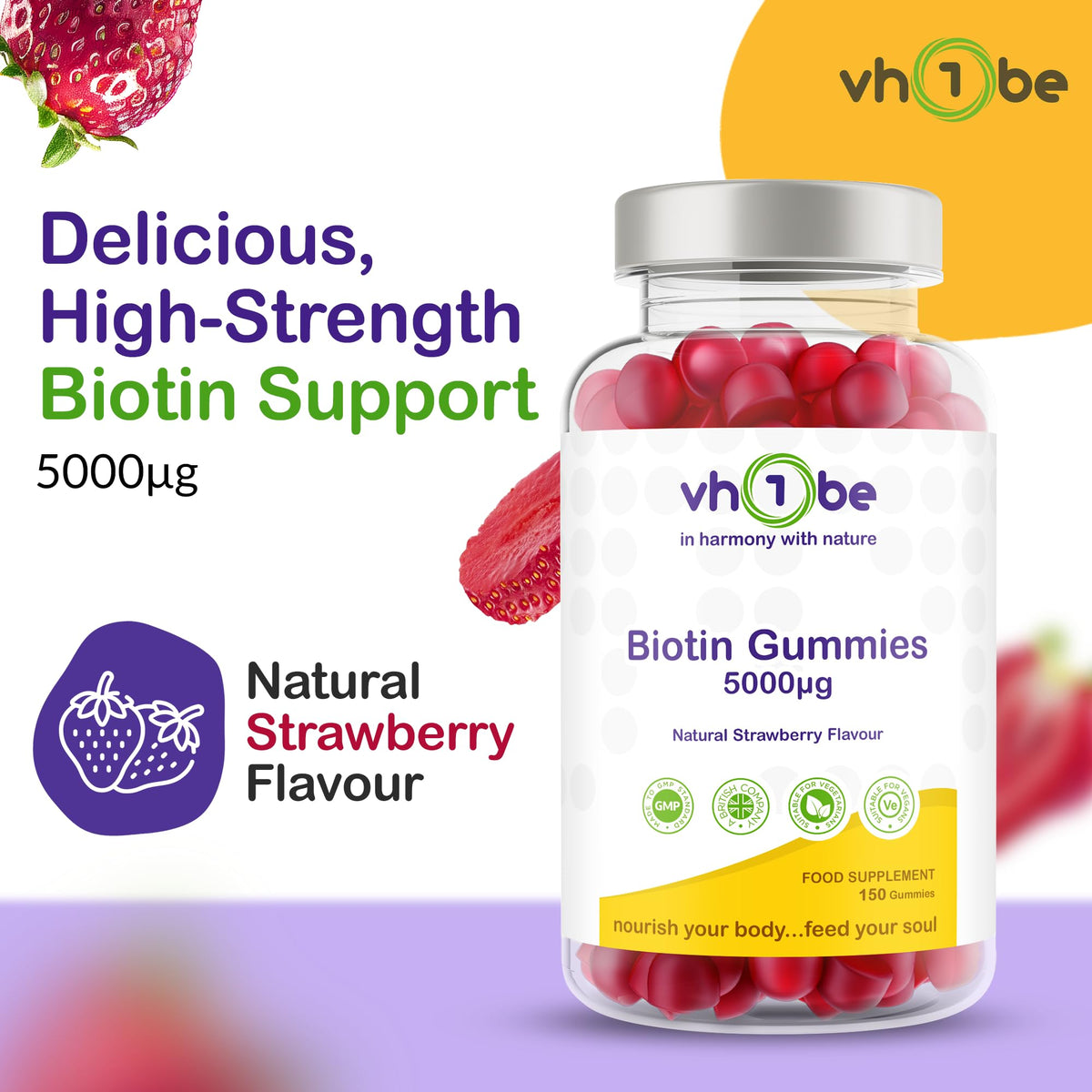 Biotin Gummies 10000mcg Per Serving – 150 High Strength Vitamin B7 for Hair Growth, Skin & Energy Support | Natural Strawberry Flavour Biotin Supplement | Vegan Hair Gummies by vh1be