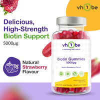Biotin Gummies 10000mcg Per Serving – 150 High Strength Vitamin B7 for Hair Growth, Skin & Energy Support | Natural Strawberry Flavour Biotin Supplement | Vegan Hair Gummies by vh1be