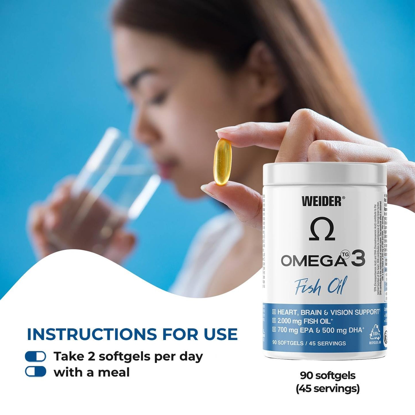 Weider Omega 3 (90 Softgels) with Fatty Acids EPA and DHA, Vitamin E, Support the Normal Functioning of the Heart, Brain and Vision