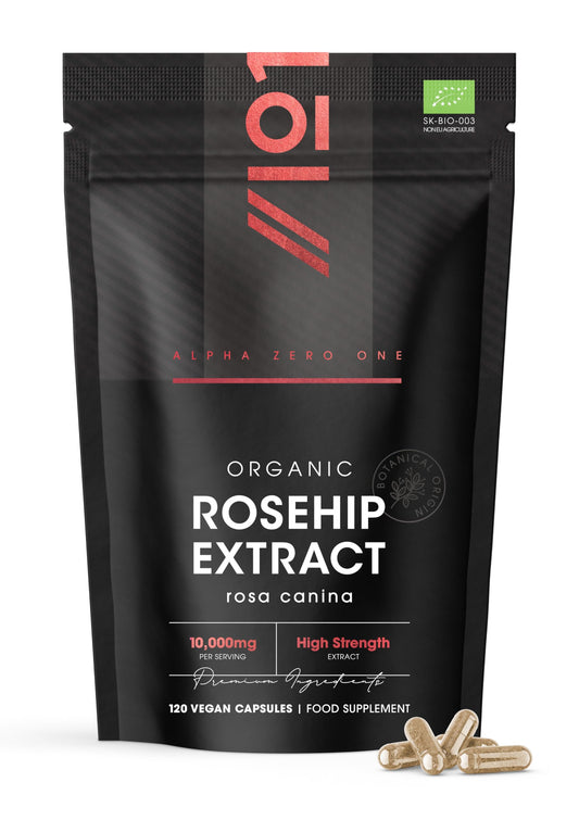 ALPHA01 Organic Rosehip Extract 10,000mg - 120 Vegan Capsules – High Strength Rosa Canina Supplement – Resealable and Recyclable Pouch by Alpha01