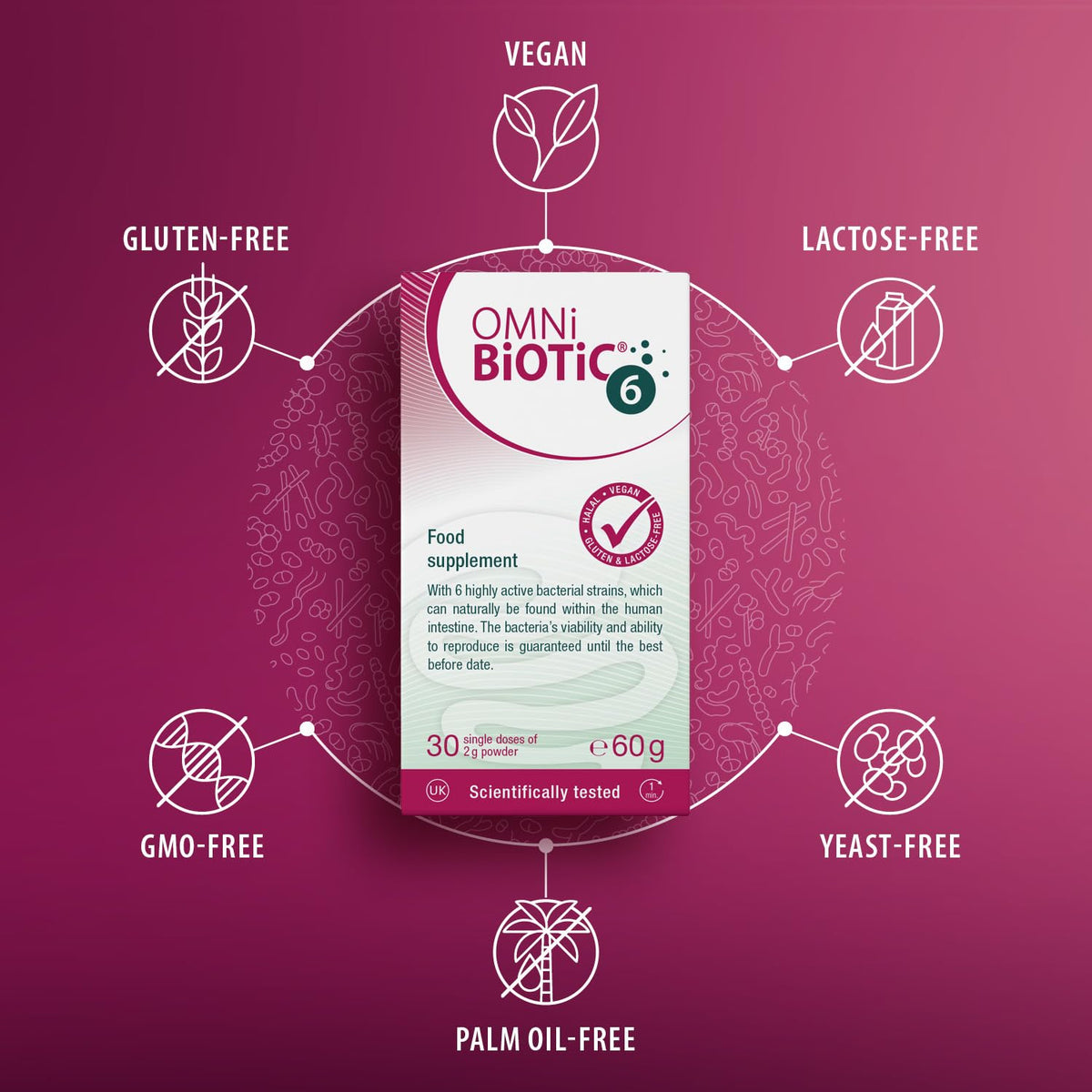 OMNi BiOTiC 6 | Glass | 30 portions (60g) | 6 Bacterial strains | 4 Billion Bacteria per Daily dose | Powder | with Inulin | Vegan | Gluten-Free | Lactose-Free | for Daily use