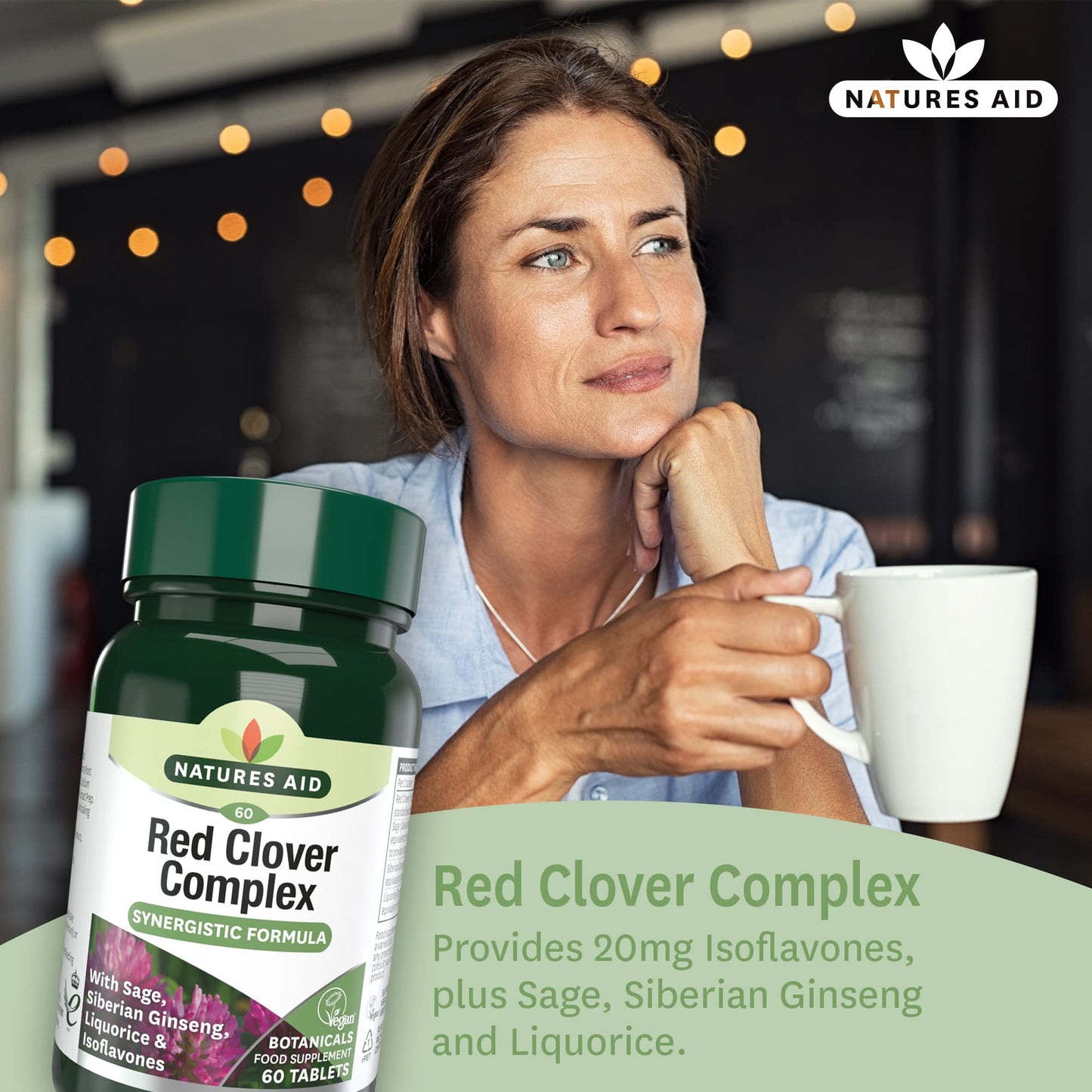 Natures Aid Red Clover Complex – with Isoflavones, Sage, Ginseng & Liquorice – Supports Women’s Health, Hormonal Balance & Menstrual Comfort – Vegan, Gluten-Free, Non-GMO Supplement - 60 Tablets