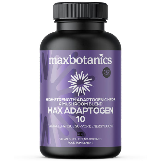 Max Botanics Max Adaptogen 10 Balance, Fatigue, Energy Boost & Stress Support 10-Herb Adaptogen High Strength Mushroom Blend with Ashwagandha, Rhodiola & Ginseng Natural Vegan UK Made (120 Capsules)