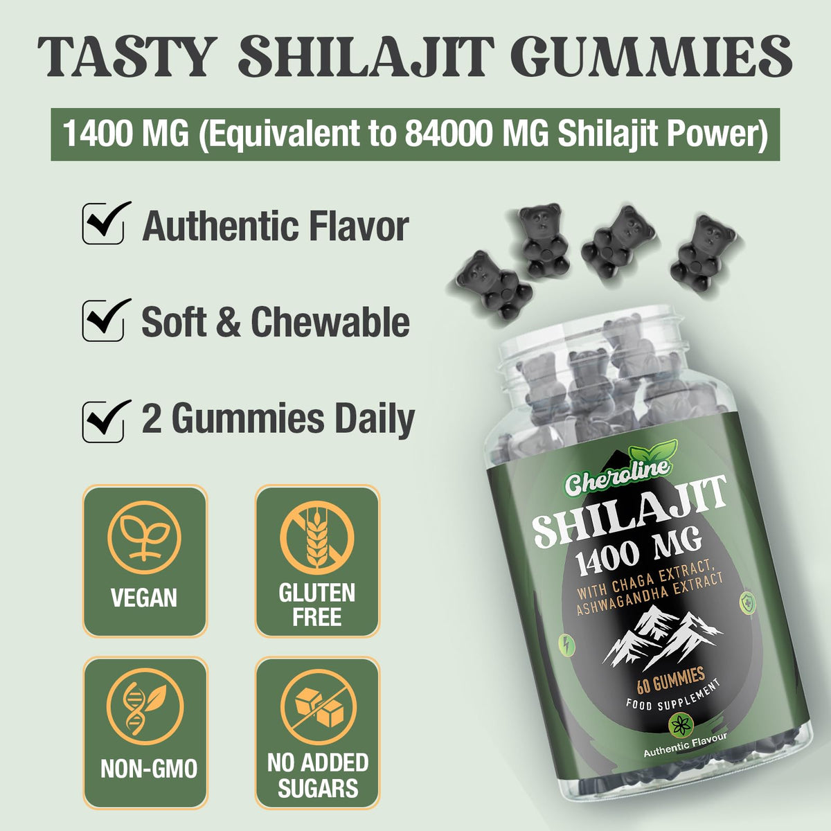 Cheroline Shilajit Gummies 1400mg, Pure Himalayan Shilajit with Chaga and Ashwagandha, 85+ Trace Minerals, Rich in Fulvic Acid, for Energy & Immune, Sugar-Free, Vegan (60 Count (Pack of 2))