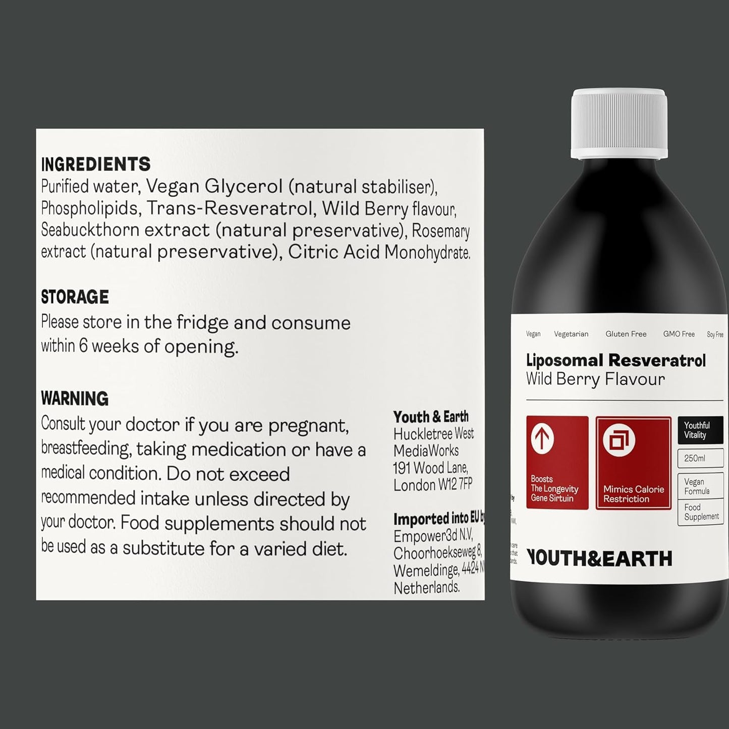 Youth & Earth Liposomal Resveratrol 200mg - Liquid Resveratrol Supplements for Sirtuin Activation, Anti-Aging & Cellular Health with NAD+ Boosters, NMN or NR - Wild Berry Flavor - 250ml