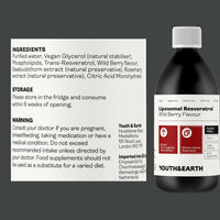 Youth & Earth Liposomal Resveratrol 200mg - Liquid Resveratrol Supplements for Sirtuin Activation, Anti-Aging & Cellular Health with NAD+ Boosters, NMN or NR - Wild Berry Flavor - 250ml