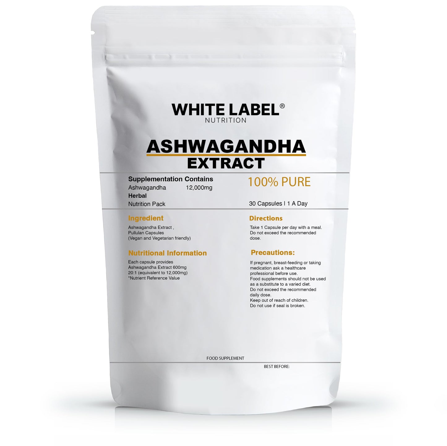 WHITE LABEL NUTRITION White Label Nutrition Ashwagandha Capsules Extract | 30 Day Supply | 12,000mg | Vegan & vegearian |