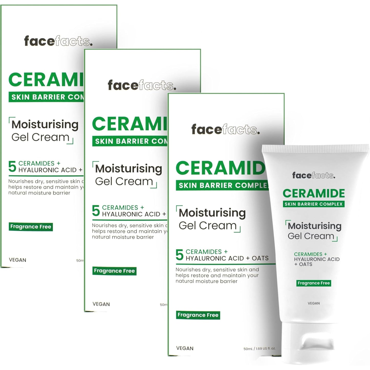 3 Pack Bundle - Face Facts Ceramide Moisturising Gel Cream. Soothes + Strengthens Skin | 3x 50ml. A Hadco Bundle With Our Gold Collagen Eye Pack Included.