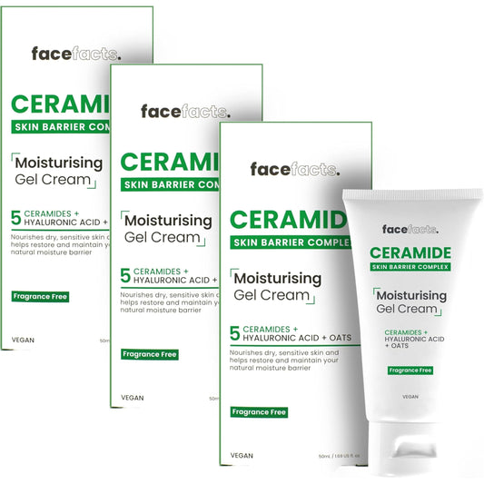 3 Pack Bundle - Face Facts Ceramide Moisturising Gel Cream. Soothes + Strengthens Skin | 3x 50ml. A Hadco Bundle With Our Gold Collagen Eye Pack Included.