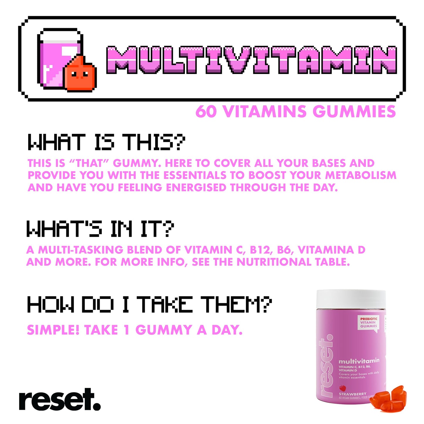 Reset This. Multivitamin Gummies 60 Vegan Strawberry Flavour Chewable Gummy Vitamin C & D, B12, B6, Essential Vitamins & Minerals, Reduces Tiredness & Fatigue Gluten Free Natural Flavours Prebiotic