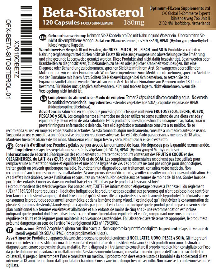 optimum-fx Beta Sitosterol 180mg from 400mg Plant Sterols Capsule High Strength Supplement – NOT Tablets or Powder – Contributes to Normal Blood Cholesterol 120 Vegan Caps 2 Months’ Supply
