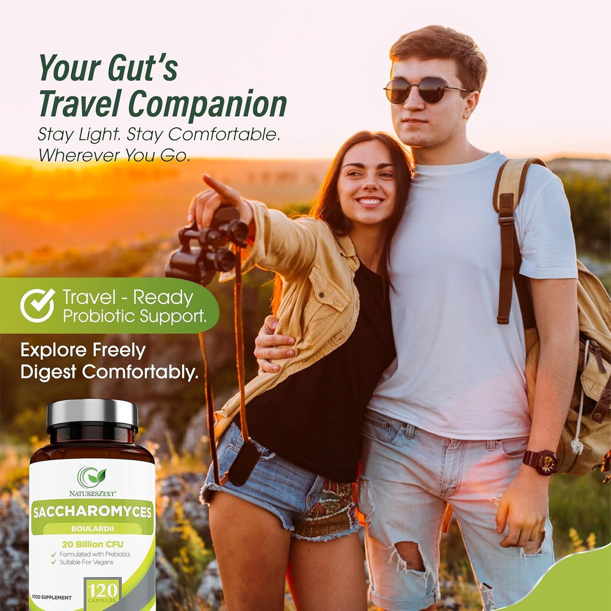 Natures Zest Saccharomyces Boulardii 20 Billion CFU - 120 Capsules | High Strength Prebiotics and Probiotics for Women & Men | Digestion Supplement with Natural Postbiotic Benefits | Vegan | 4 Months Supply