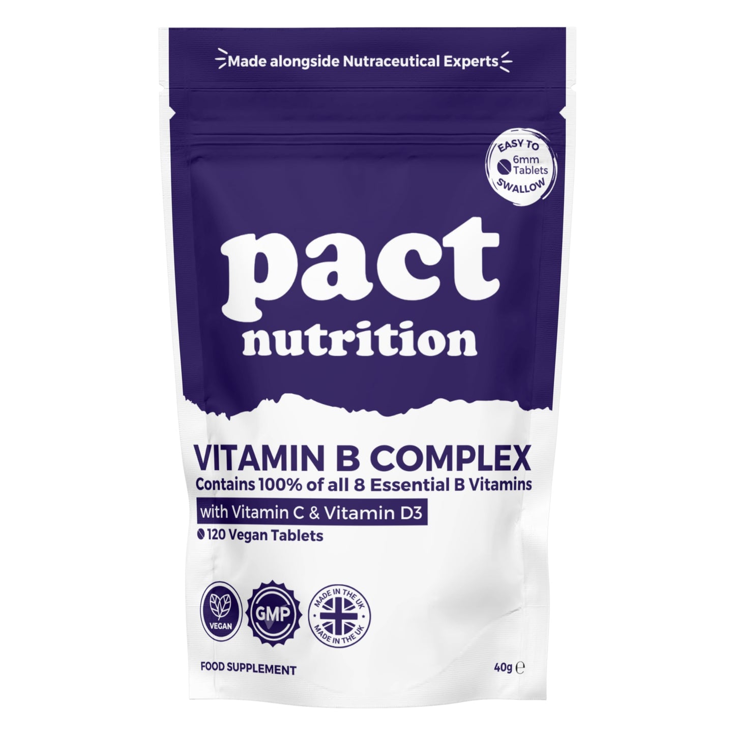 Vitamin B Complex High Strength - with Vitamin D3 & Vitamin C - All 8 Essential B Vitamins - 120 Easy to Swallow Tablets - VIT B Vegan Supplement - Pact Nutrition
