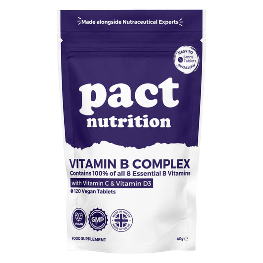 Vitamin B Complex High Strength - with Vitamin D3 & Vitamin C - All 8 Essential B Vitamins - 120 Easy to Swallow Tablets - VIT B Vegan Supplement - Pact Nutrition