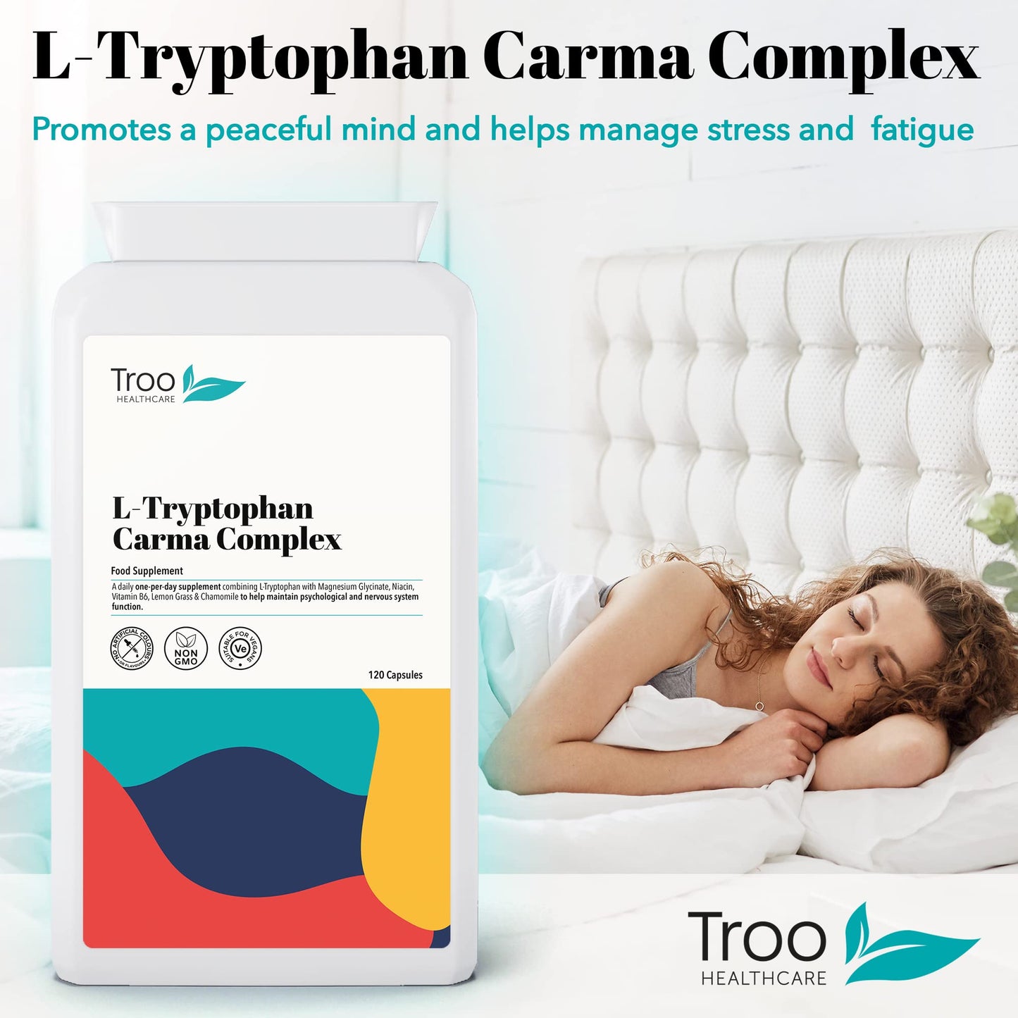 Troo Health Care L-Tryptophan Carma Complex 120 Vegan Capsules - Daily Supplement to Support Healthy Psychological Function - with Niacin, Vitamin B6 & Magnesium Bisglycinate