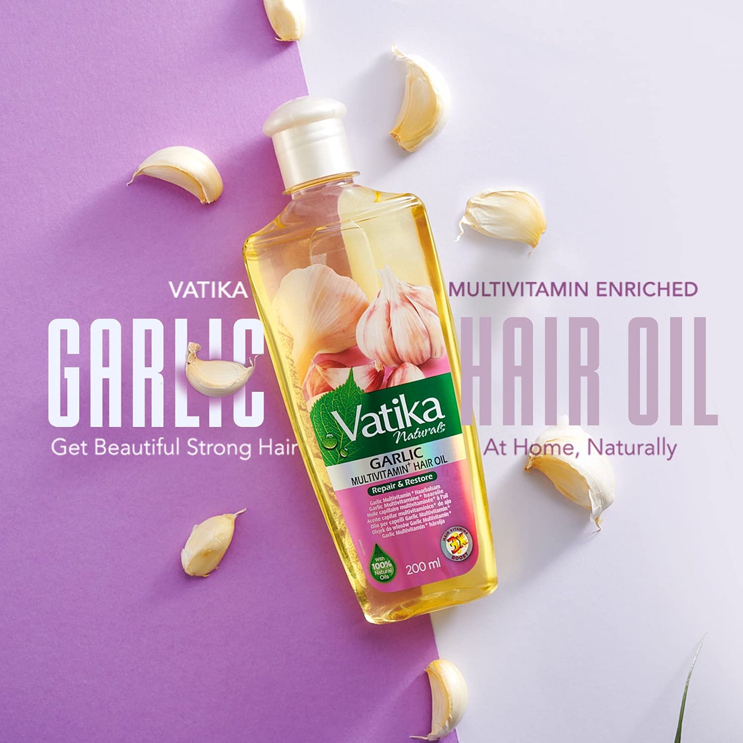 Vatika Multivitamin Garlic Hair Oil - 200ml | For Beautiful Strong Hair | Enriched With Garlic, Ghergir, & Rosemary | 100% Natural Oils For Complete Nourishment