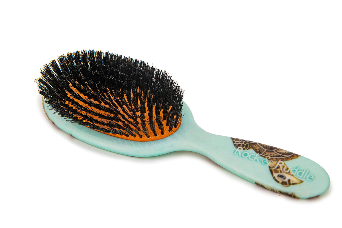 Rock & Ruddle Natural Pure Boar Bristle Hair Brush for Women and Kids (Large, 21cm) - Perfect for Wet or Dry Hair, Detangling Smoothing Blowdrying - Made in UK - Turtles