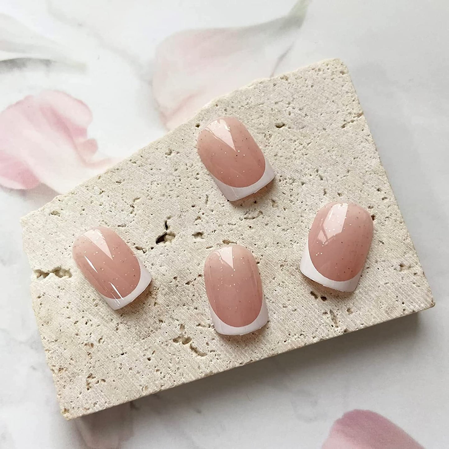 DMQ French False Nails Short, 24Pcs White French Fake Nails, Square Press on Nails Pattern, Glitter French Nail Tips with Nail Glue, Squoval Stick on Nails for Women Girls Nails Art (Glitter)