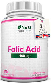Nu U Nutrition Folic Acid 400 mcg - 450 Vegan Tablets - 15 Month Supply - High Strength Pregnancy Vitamins for Women - Vitamin B9 Supports Maternal Tissue Growth During Pregnancy - Prenatal Vitamins