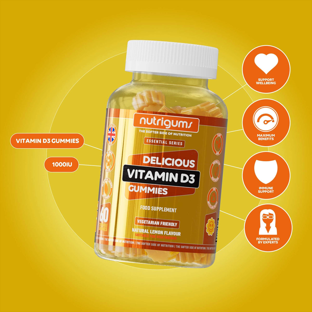 Nutrigums Vitamin D3 1000iu Gummy | High Strength | 60 Vegan Gummies | Suitable for 12+ Years | Lemon Flavour | Immune, Bones & Muscle Support by NUTRIGUMS®