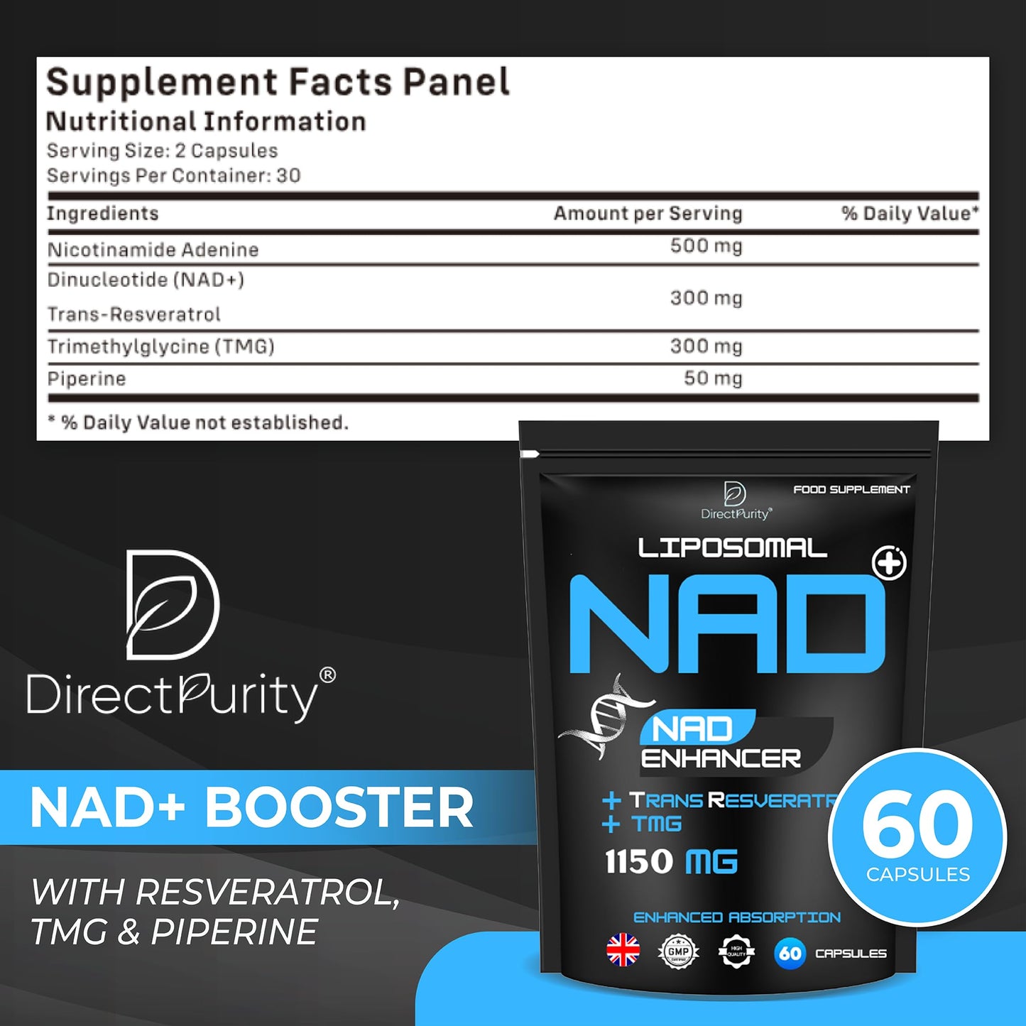 Directpurity Direct Purity NAD Supplements – 1150 mg Healthy Aging Liposomal NAD with Trans Resveratrol TMG and Piperine Blend Supports Cellular Health DNA Repair Energy and Metabolism – 60 Vegan Capsules