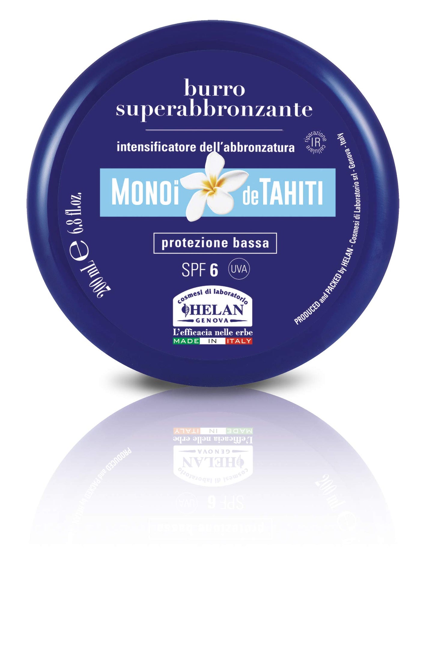 Helan, Monoi De Tahiti - Face and Body Tanning Accelerator, Body Butter & Tanning Moisturiser with Natural Tan Accelerator, Tanning Cream & Sunscreen with Sun Protection SPF 6, 200 ml - Made in Italy