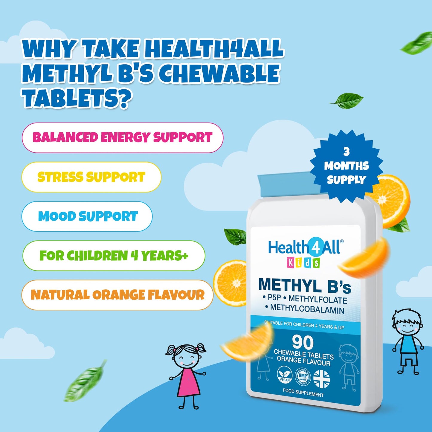 Health4All Kids Methyl B's 90 Chewable Tablets, Stress & Mood Support for Children 4+