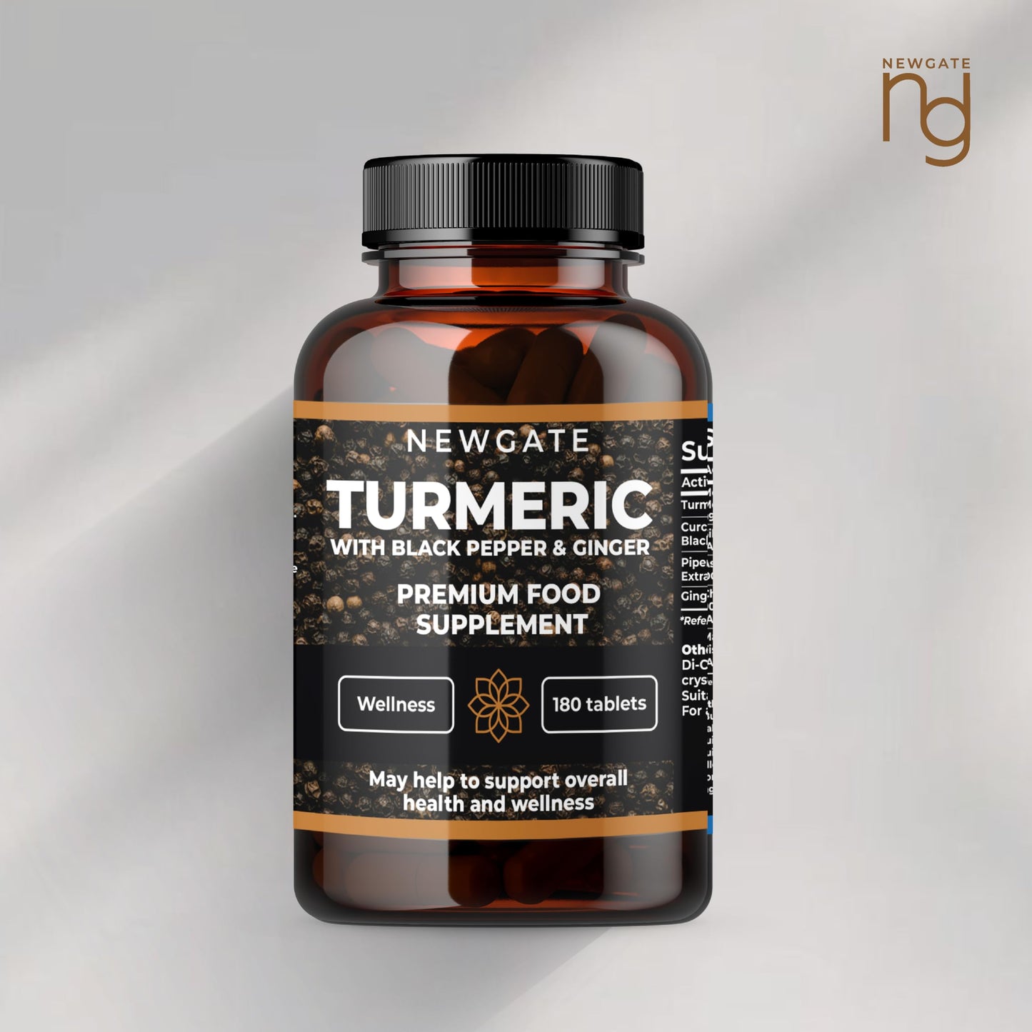 Newgate Labs Turmeric with Black Pepper and Ginger 180 High Strength Tablets - Overall Wellness Support - Premium Nutritional Supplement - GMO Free - Halal - Made in The UK