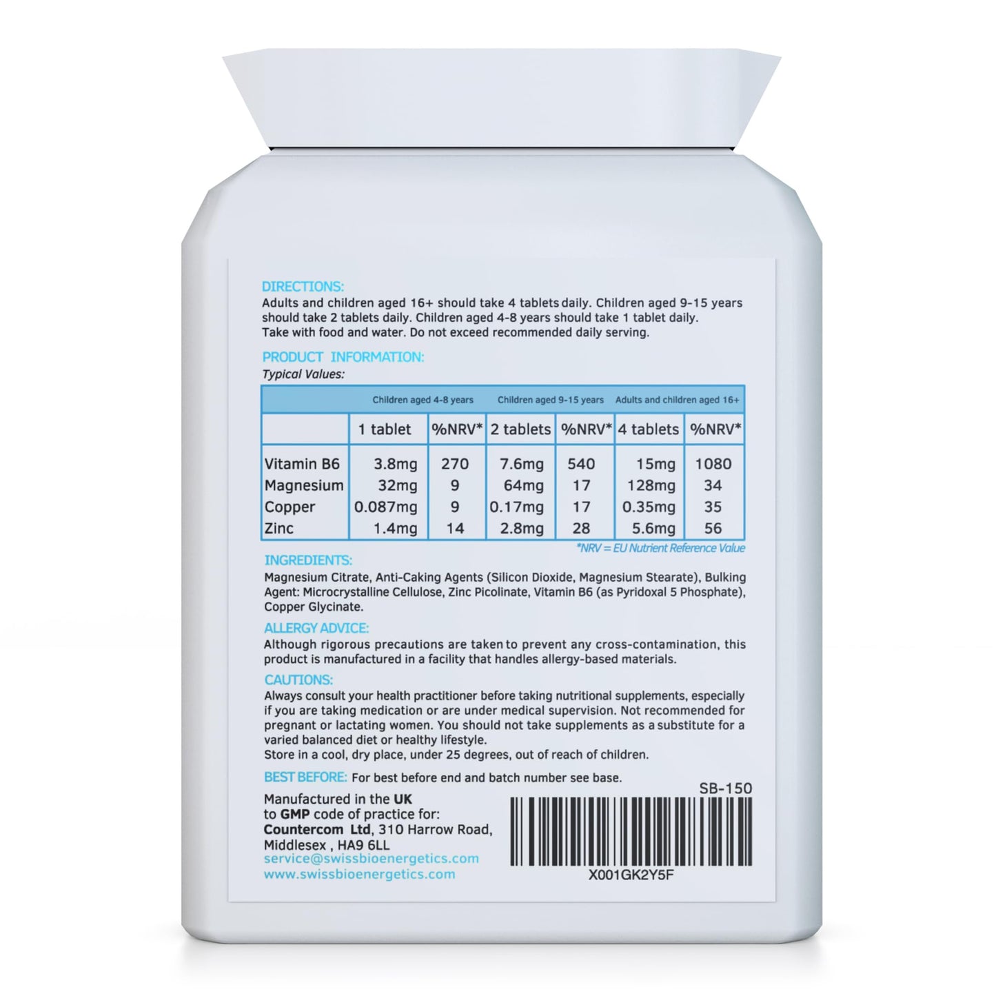 swiss bioenergetics NeuroActive 120 Highly bioavailable Micro-Tablets - Magnesium Citrate, Zinc Picolinate, Copper Glycinate & Vitamin B6 Balanced for Children and Adults - Vegan - UK Made