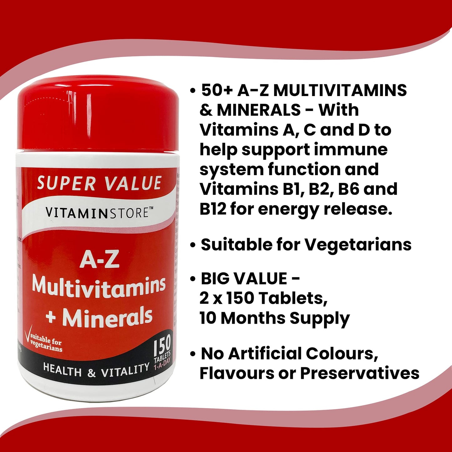 Vitamin Store A-Z Multivitamins & Minerals Food Supplement, 150 Tablets per Tub, Pack of 2 Tubs, 10 Months Supply