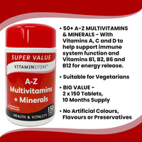 Vitamin Store A-Z Multivitamins & Minerals Food Supplement, 150 Tablets per Tub, Pack of 2 Tubs, 10 Months Supply