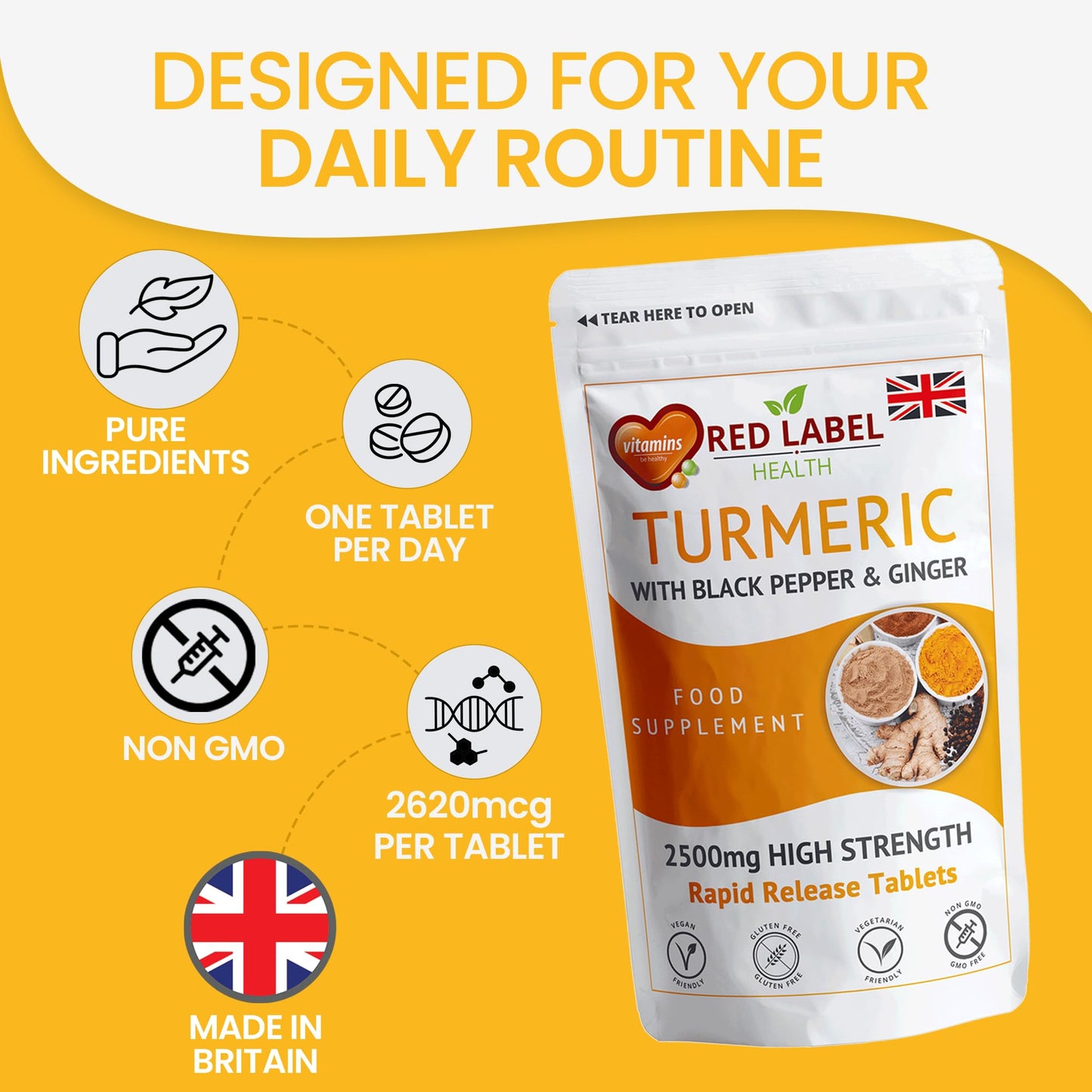 Red Label Health Turmeric 2620mg - 200 Tablets with Black Pepper and Ginger - High Strength Turmeric Supplements Not Turmeric Capsules - 95% Curcumin | Vegetarian | Vegan | Made in UK.