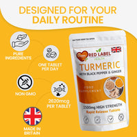 Red Label Health Turmeric 2620mg - 400 Tablets with Black Pepper and Ginger - High Strength Turmeric Supplements Not Turmeric Capsules - 95% Curcumin | Vegetarian | Vegan | Made in UK.