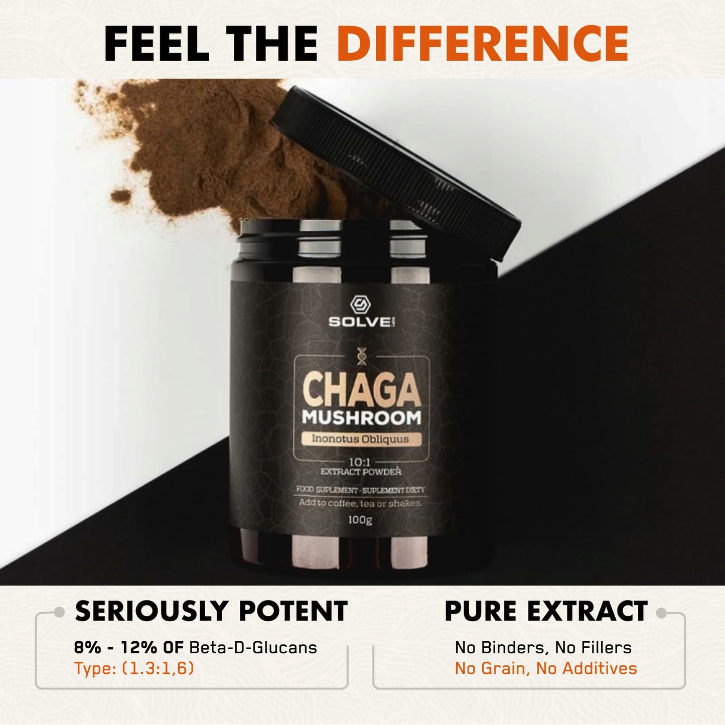 Solve Labs SOLVE Labs® ● Premium Siberian Chaga Extract Powder ● 10% Beta-D-Glucans ● 10:1 Extract ● Zero Fillers & Additives ● 100g ● 3 Months Supply