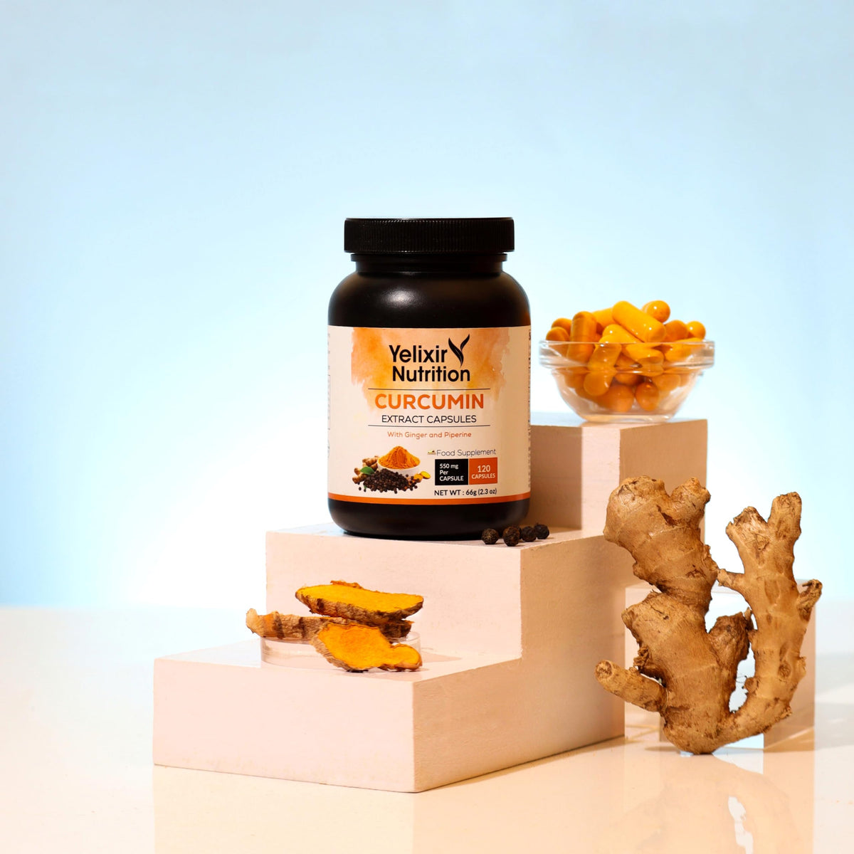 Yelixir Nutrition Curcumin Capsules 120 nos, Curcumin 95% Extract with High Strength Ginger and Black Pepper Extract, 550 mg per Vegetarian Capsule