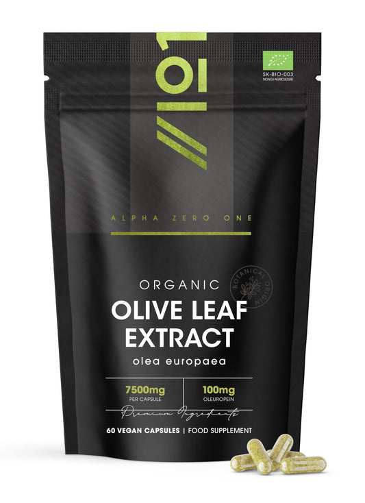 ALPHA01 Organic Olive Leaf Extract 7500mg – Standardised 20% Oleuropein – 60 Vegan Capsules (2 Months Supply) – Resealable and Recyclable Pouch by Alpha01