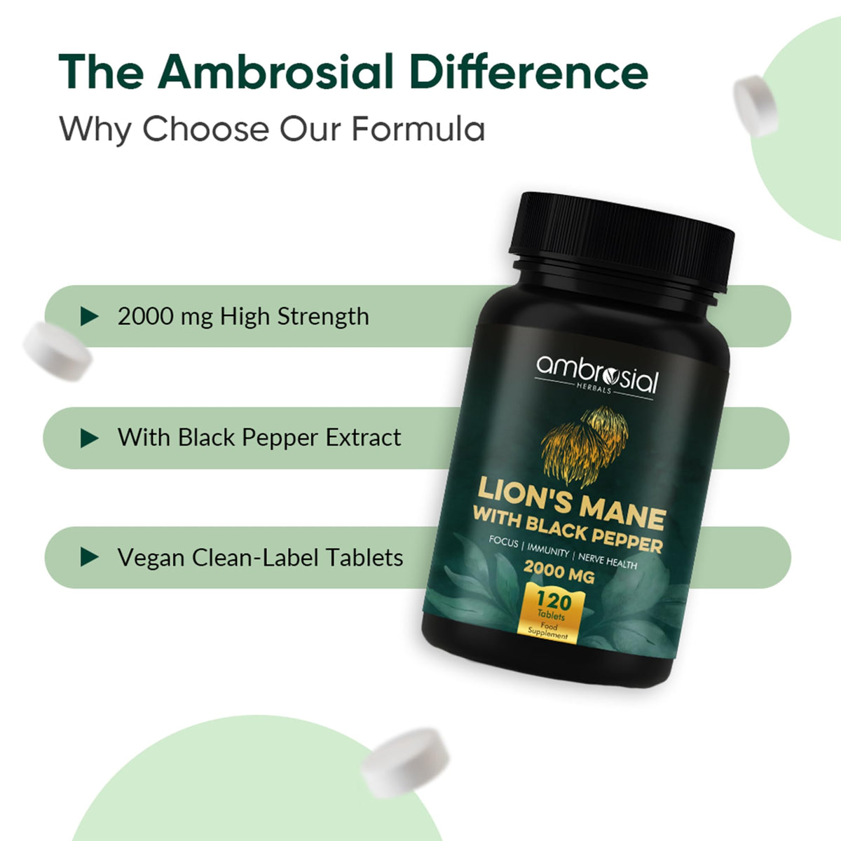 AMBROSIAL Ambrosial Lion’s Mane Mushroom Supplement with Black Pepper – 2000 mg High Strength Extract per Serving – Plant-Based Brain & Body Balance Formula – 120 Vegan Tablets – Non-GMO, Gluten-Free