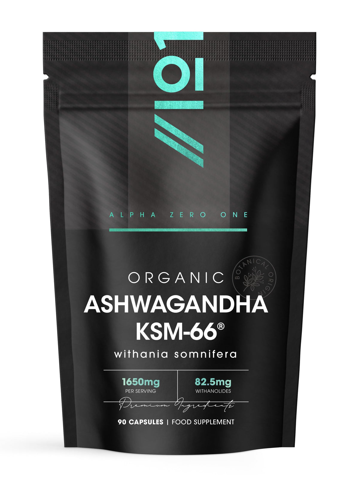 ALPHA01 Organic Ashwagandha KSM-66® with BioPerine 1650mg – 90 Vegan Capsules – 5% Withanolides – Most Bioavailable Full-Spectrum Root Extract – Resealable and Recyclable Pouch by Alpha01