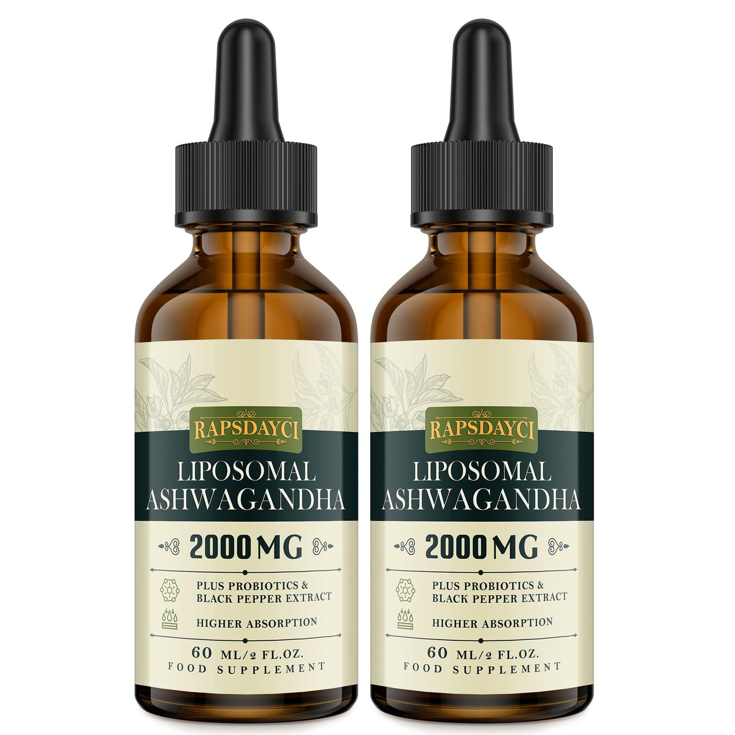 2000mg Liposomal Ashwagandha Liquid Drops, Pure High Strength Ashwagandha Root Extract with 7% Withanolides, 5X Concentration, Absorbed Faster Than Capsules, 60ml (Pack of 2)