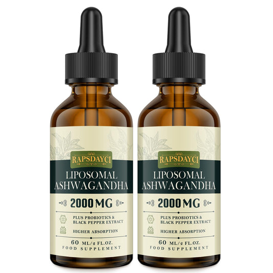 2000mg Liposomal Ashwagandha Liquid Drops, Pure High Strength Ashwagandha Root Extract with 7% Withanolides, 5X Concentration, Absorbed Faster Than Capsules, 60ml (Pack of 2)