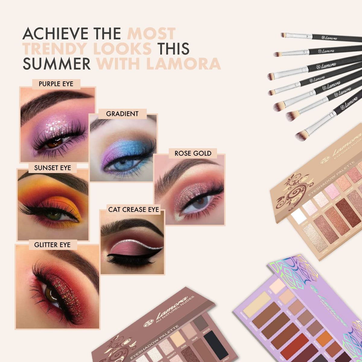 Lamora Make Up Eye Brush Set - Eyeshadow Eyeliner Blending Crease Kit - Best Choice 7 Piece Essentials - Pencil, Shader, Tapered, Definer - Vegan Synthetic Bristles That Last Longer, Apply Better Makeup & Make You Look Flawless