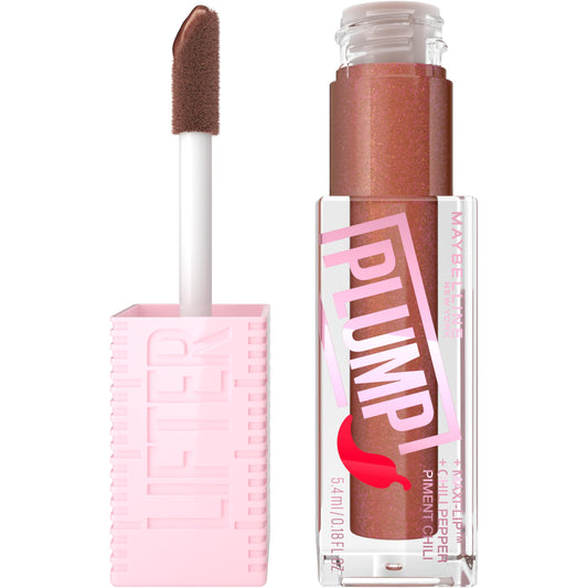 Maybelline New York, Lifter Plump Lip Gloss, Lasting Plump, Heated Formula with Hyaluronic Acid and Chilli Pepper, XL Wand, Vegan Formula, Shade: 007 Cocoa Zing