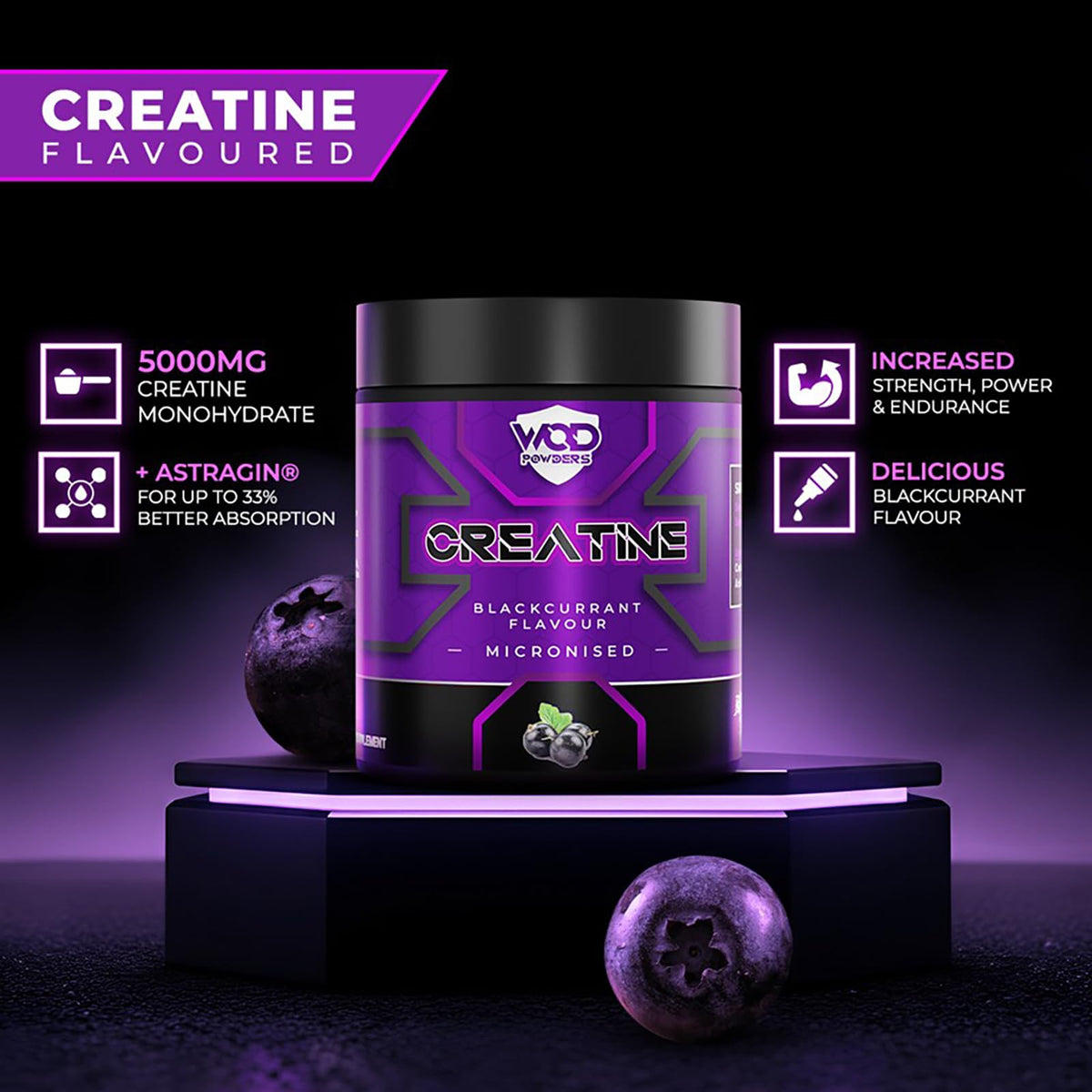 Flavoured Creatine Powder - Creatine Monohydrate Powder with AstraGin® | Suitable for Vegans, Scoop Included | 60 Servings per Tub - Made in The UK by WOD Powders