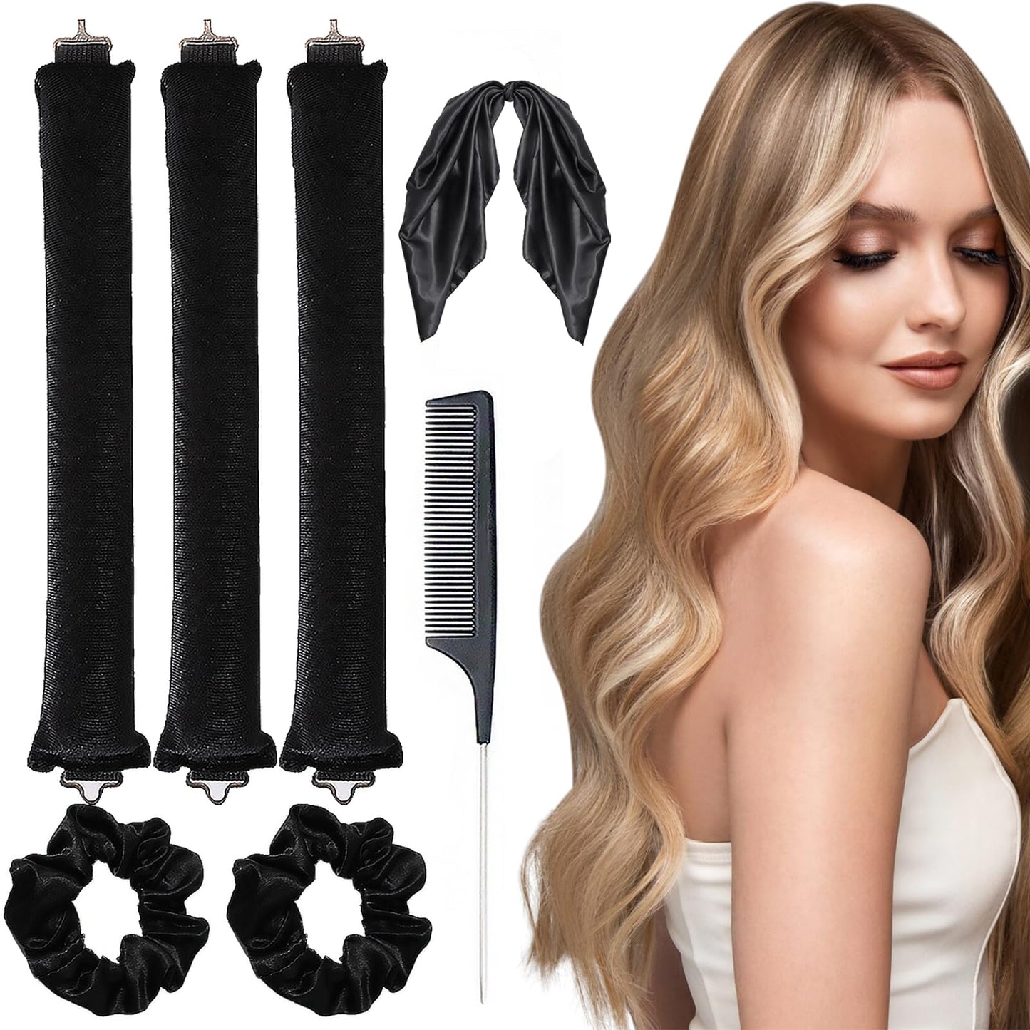 Katslyn 3Pcs Overnight Heatless Curls Blowout Rods,with Square Head Scarf&Hair Bands&Comb,Sleep In Heatless Flexi Curling Rod for Long Medium Hair,No Heat Curls Set for Hair Wrapping Sleeping at Night