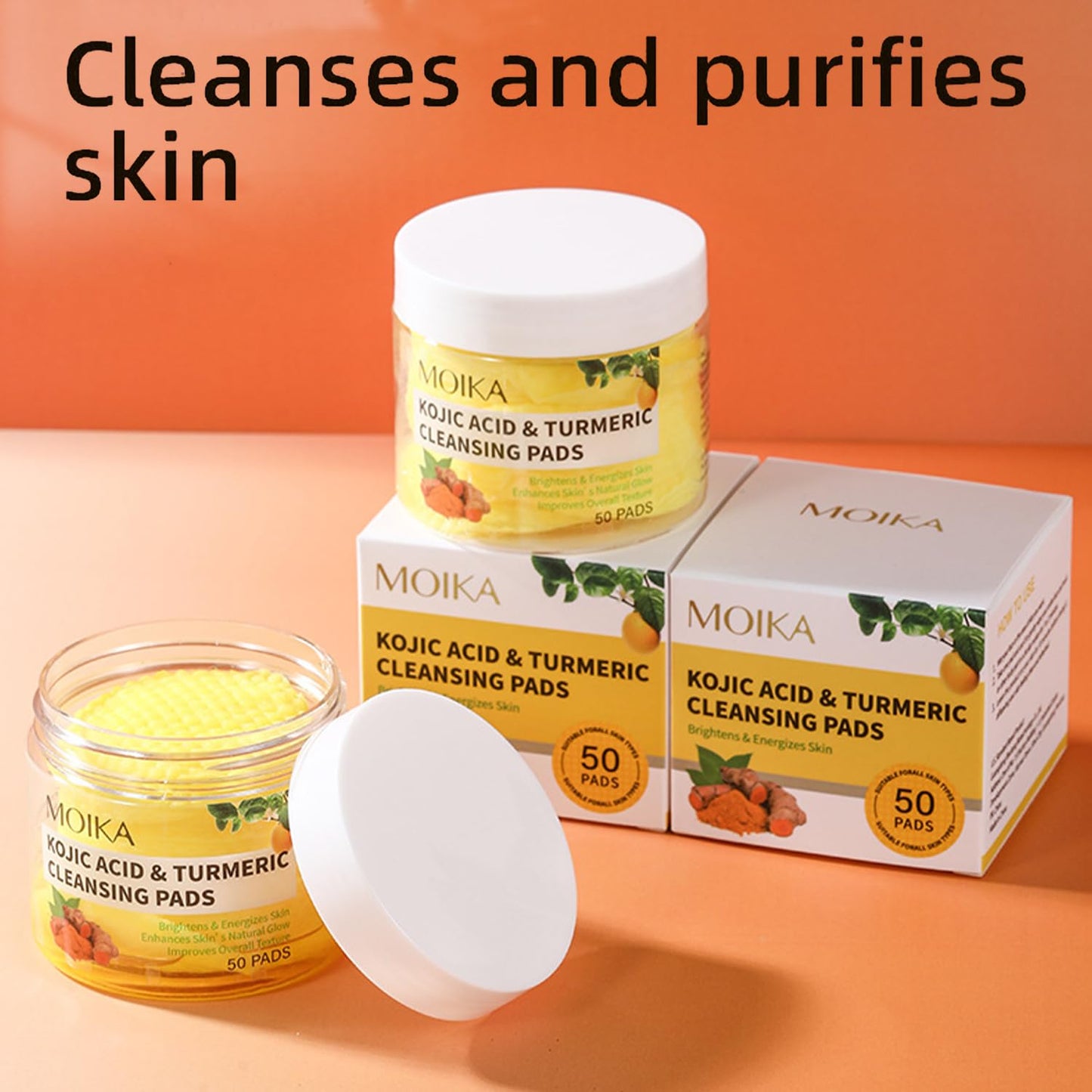 L0famy 50Pcs Turmeric Kojic Acid Pads, Exfoliating Face Cleansing Cotton Pads, Kojic Acid and Turmeric Pads, for Face, Body, Acne, Dark Spots, Hyperpigmentation, Smooth Skin