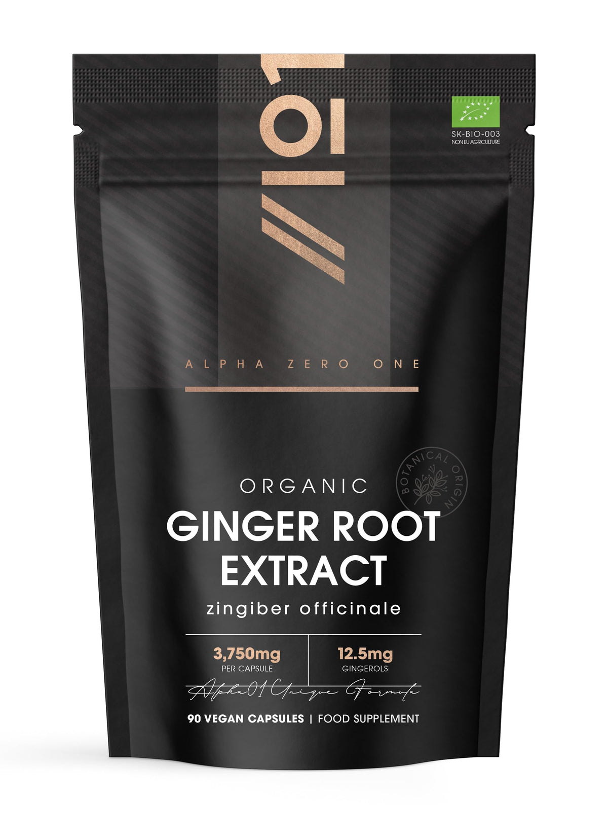 ALPHA01 Organic Ginger Extract 3750mg – Standardised 5% Gingerols (12.5mg) - 90 Vegan Capsules (3 Months Supply) – Resealable and Recyclable Pouch by Alpha01